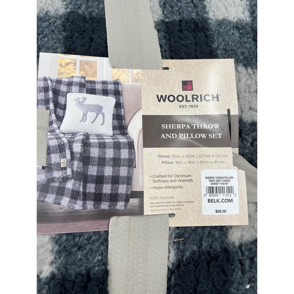 Woolrich Sherpa Throw Blanket & Pillow Set 50x60 16x16 Grey Buffalo Plaid Deer - Picture 3 of 9